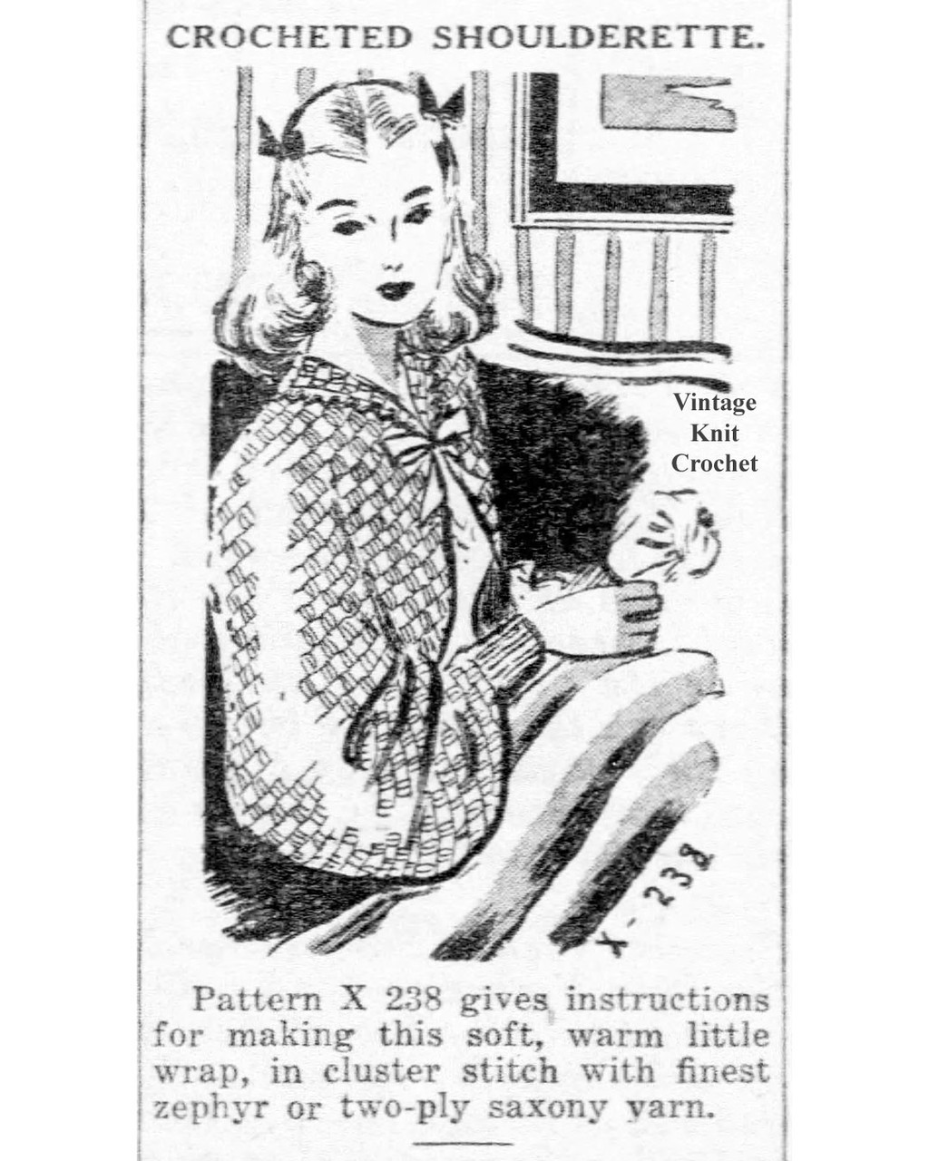Vintage crocheted bedjacket pattern, mail order design No 238