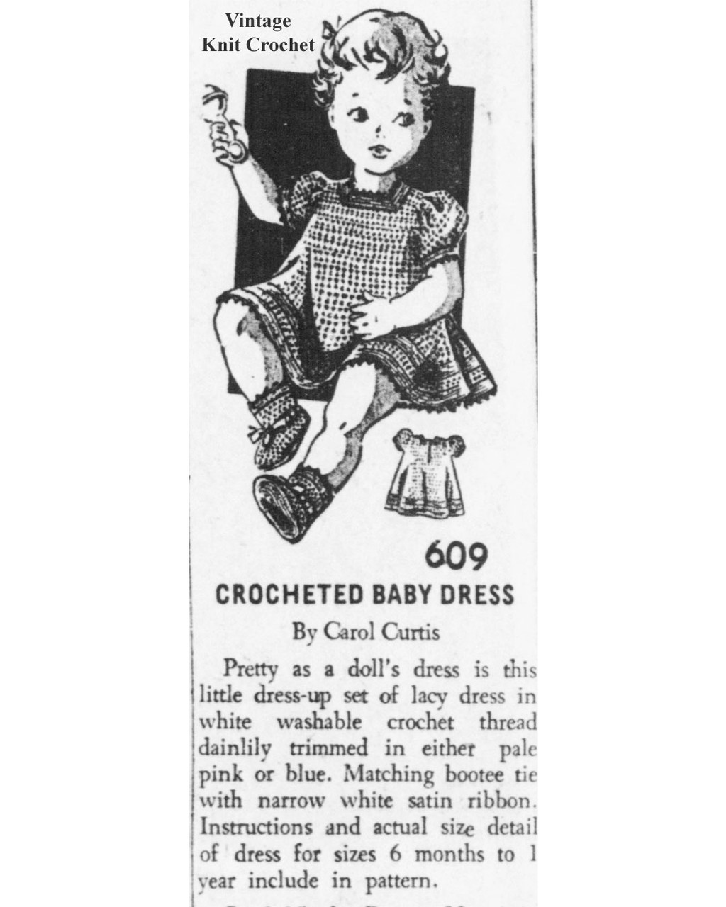 Mail Order Pattern No 609, Crochet Baby Dress Newspaper Advertisement
