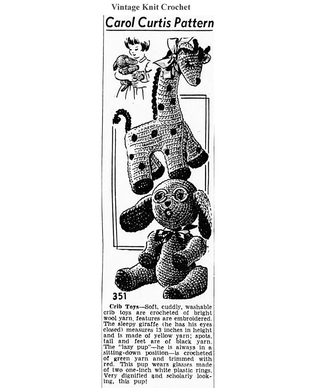 Mail Order Pattern No 351, Crochet Toys Newspaper Advertisement 