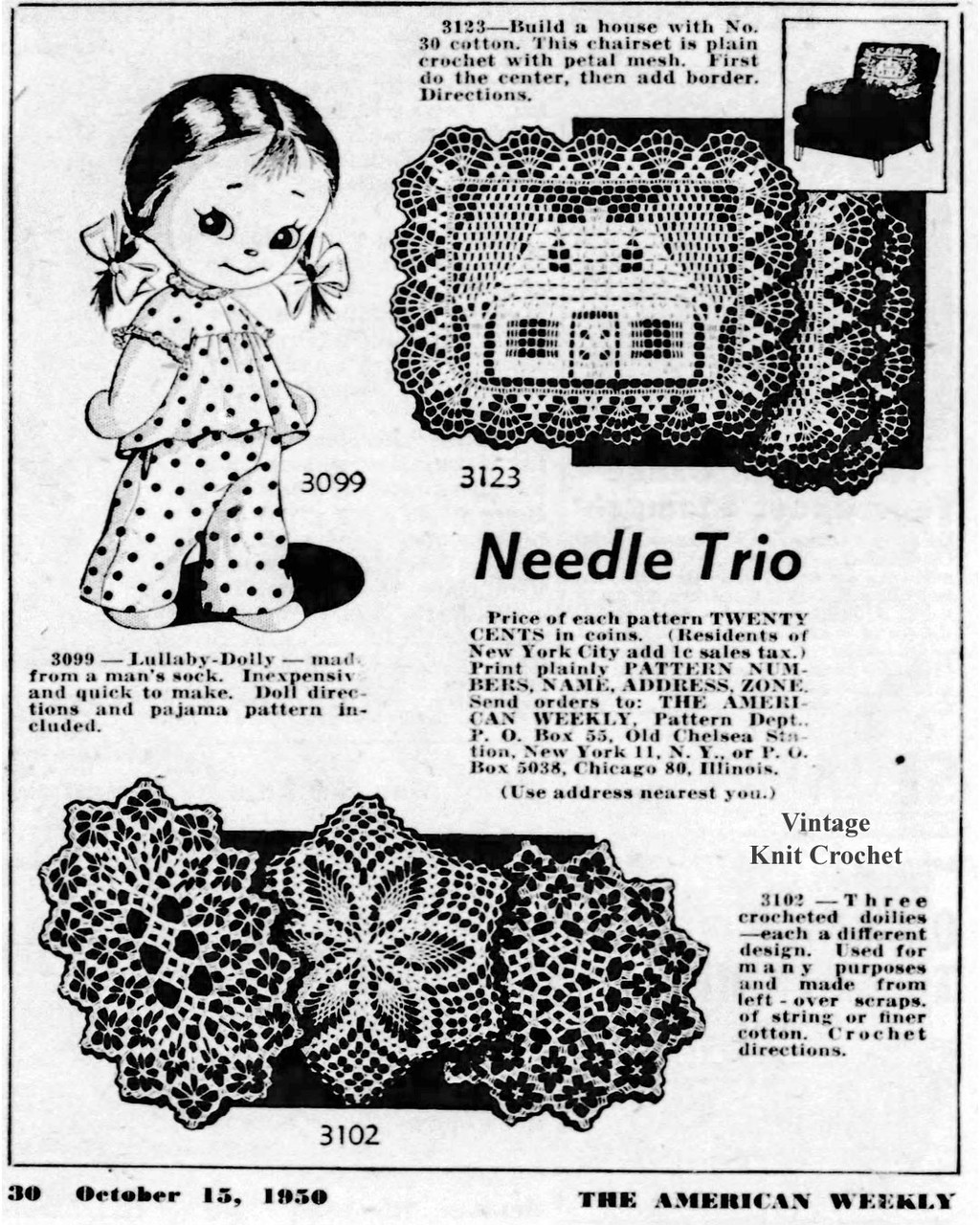 Mail Order Pattern No 3102 Three Crochet Doilies Newspaper Advertisement