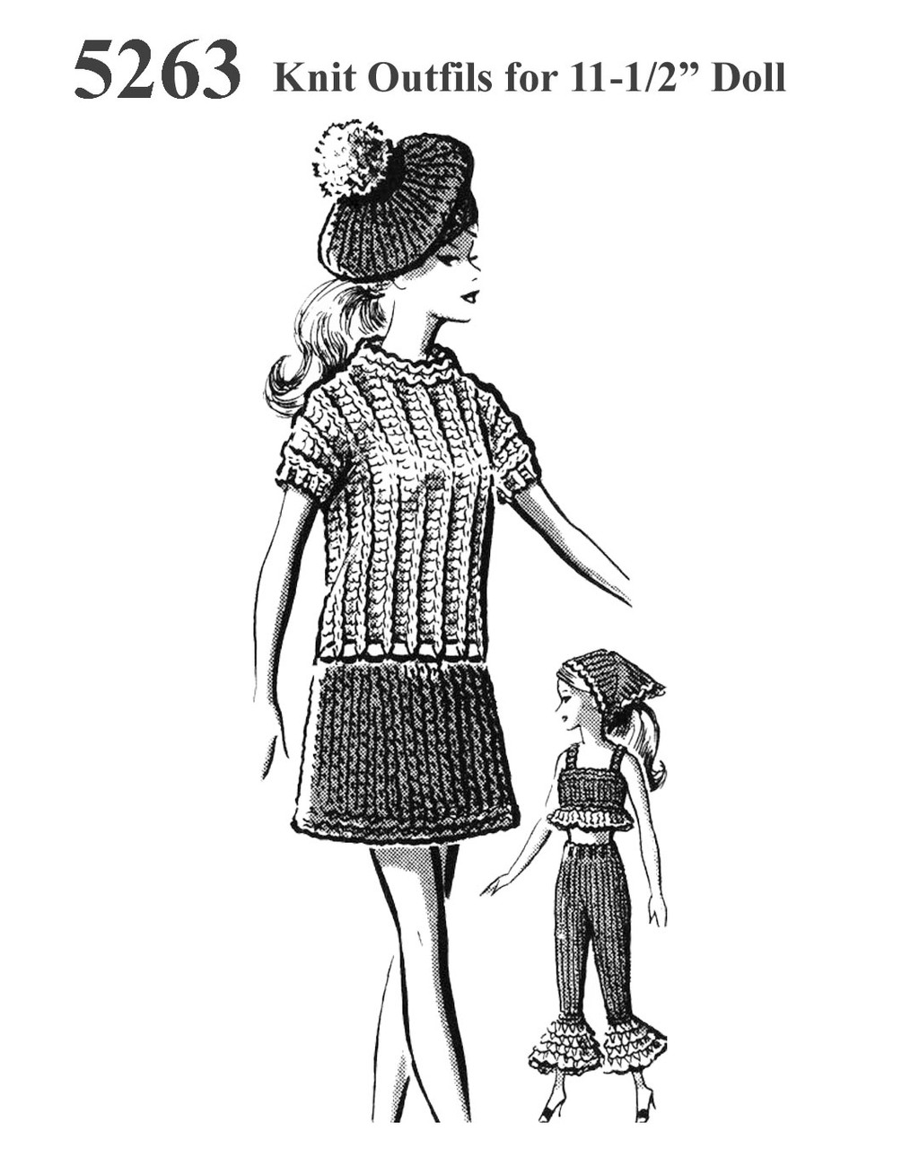 Knitted Dress and Pajamas Knitting Pattern for Fashion Doll, Anne Cabot 5263