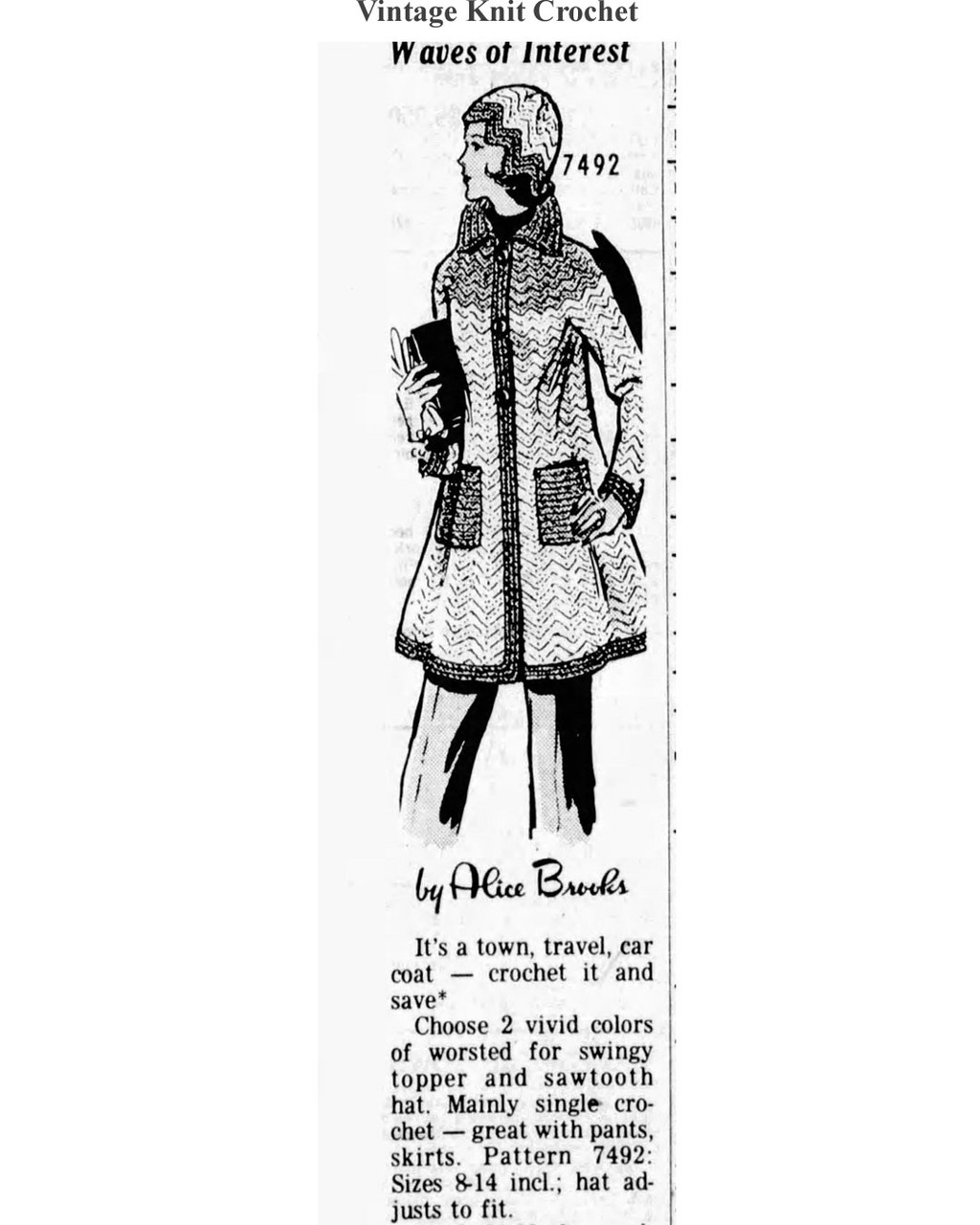 Mail Order Design 7492 Crochet Coat & Hat Newspaper Advertisement 