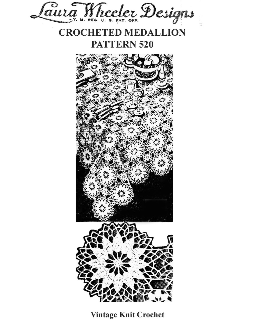 Vintage crochet motif for bedspread runners, Mail Order Design 520