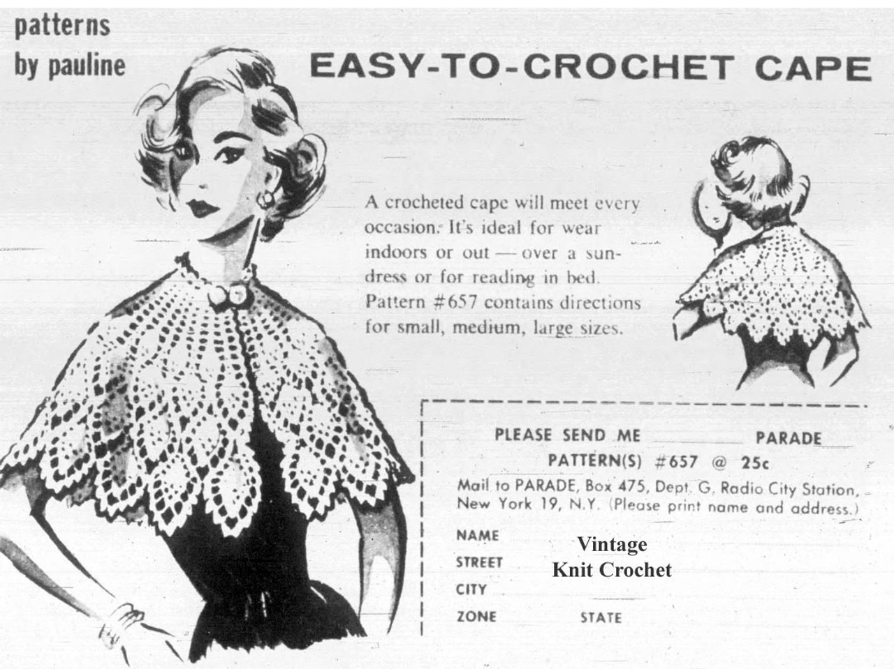 Mail Order Pattern No 657 Crochet Capelet newspaper advertisement