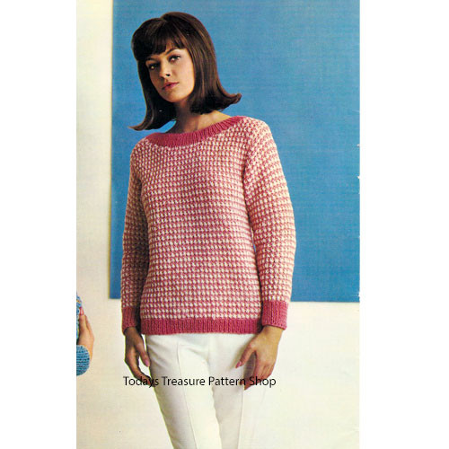 Ribbed Boat Neck Checked Sweater Knitting Pattern