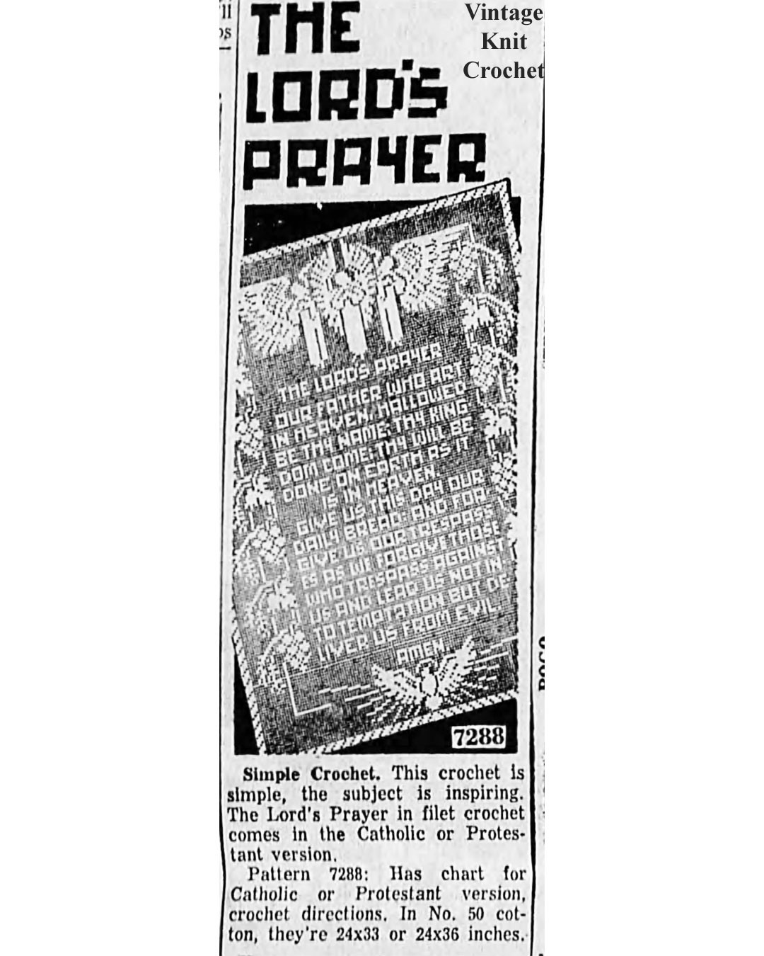The Lord's Prayer in Filet Crochet Pattern, Mail Order 7288