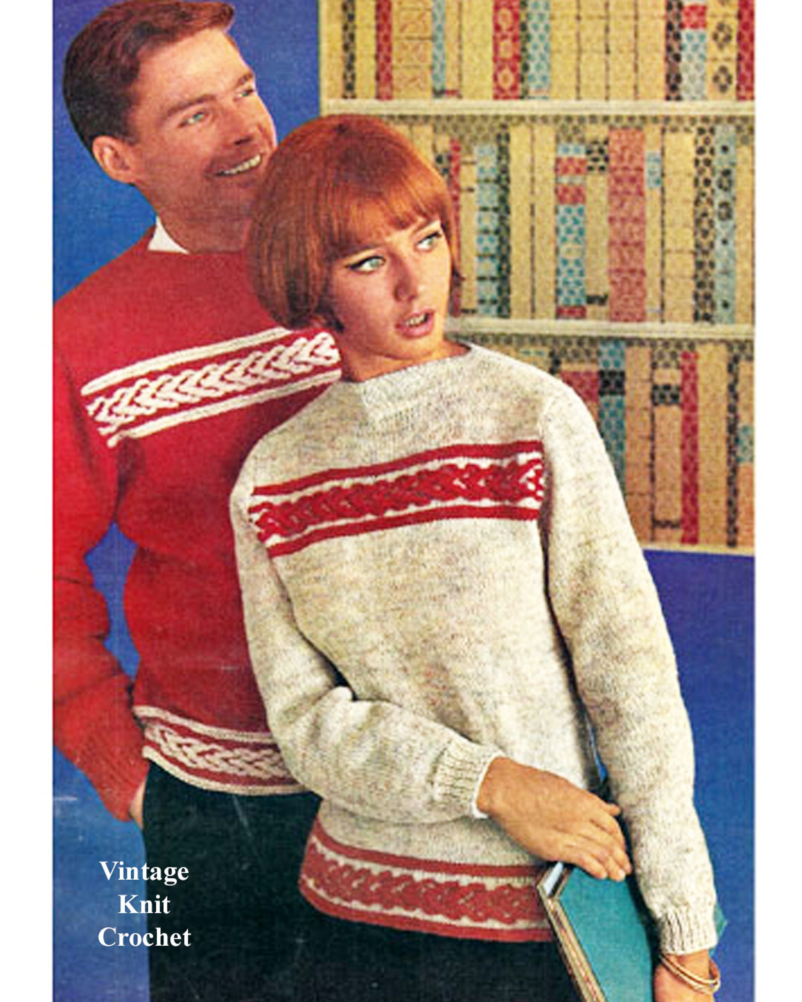 His Hers Sweater Knitting Pattern with Striped Band Vintage 1960s