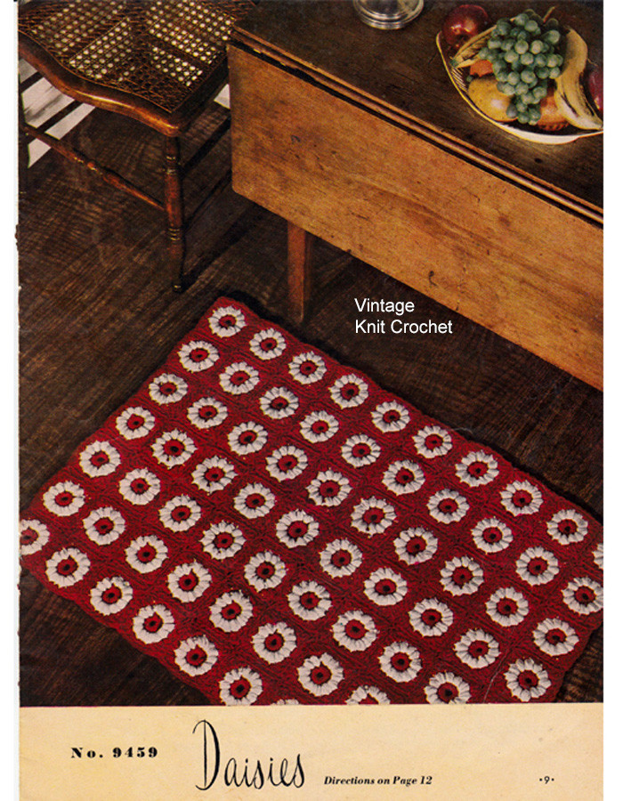 Easy Crochet Rug Pattern in flower Daisy Medallions, Red and wHITE