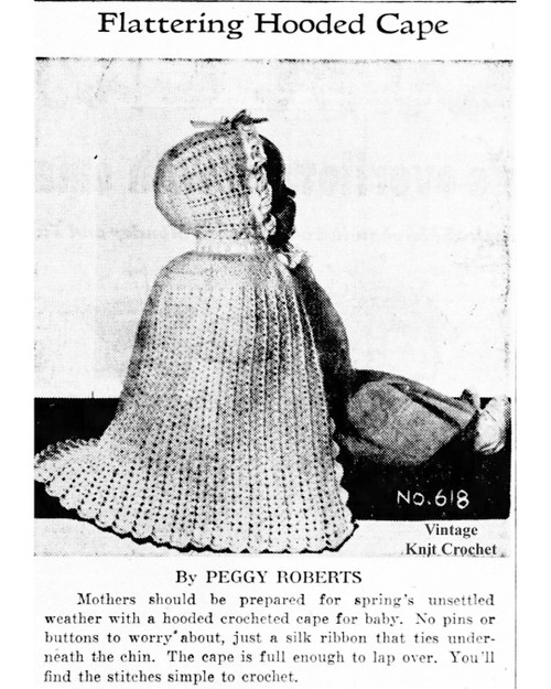 Mail Order Pattern No 618, Crochet Hooded Baby Cape Newspaper Advertisement