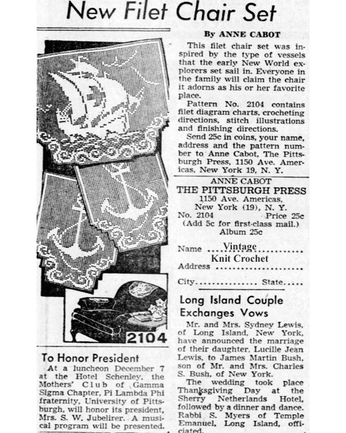 Mail Order No 2104, Filet Crochet Chair Set Newspaper Advertisement