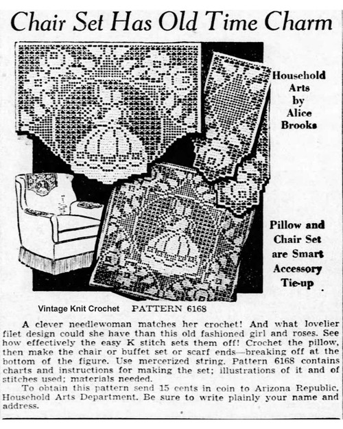 Alice Brooks 6816 Filet Crochet Old Fashioned Girl Newspaper Advertisement