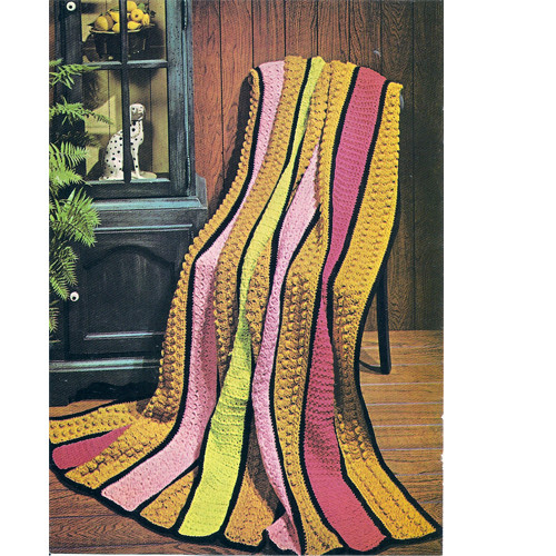 Vintage Crochet Afghan Pattern, colorful Stripes in popcorn stitch