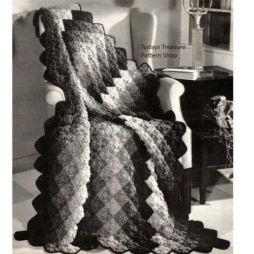 Vintage 1950s Crochet afghan pattern, striped in popcorn stitch 