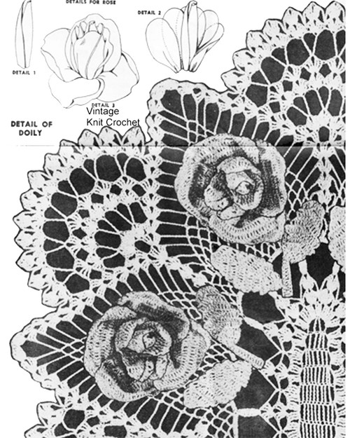 Crochet Runner Pattern Illustration, 3-D Roses Design 507