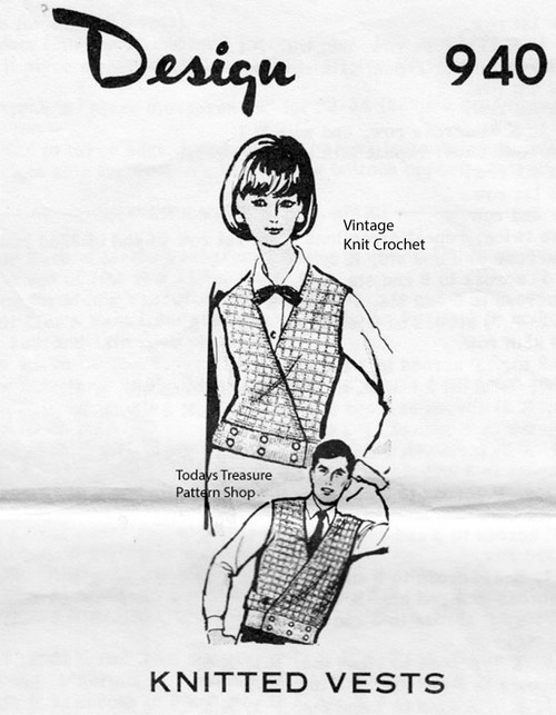 Mans Knitted Vest Pattern, Mail Order Design 940