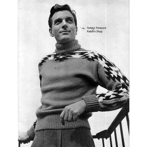 Mans Vintage Knit Pullover with Striped Motif Arms