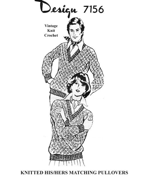 V-Neck Pullovers Knitting Pattern, His Hers Design 7156