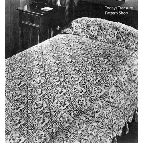 Crocheted Bedspread Pattern with Flower Medallions