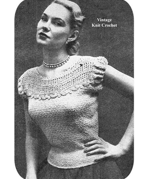 Knitted Sleeveless Blouse with crochet lace yoke and puff sleeves