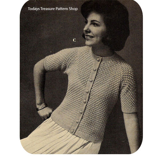 Knit Cardigan Pattern in Puff Stitch, Short Sleeves