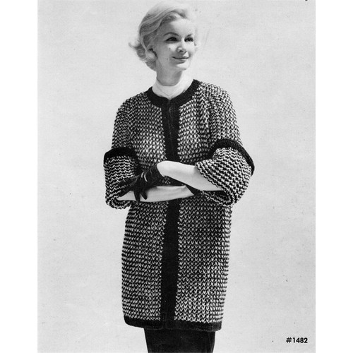 Knitted Tweed Coat with Open Front Pattern