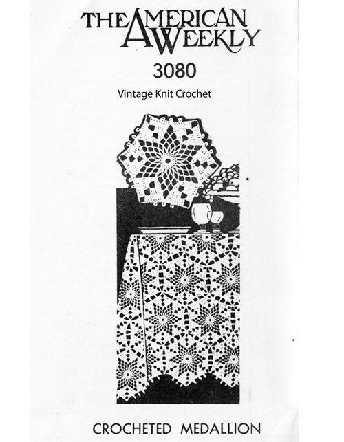 Crochet Star Medallion Pattern, Tablecloth, American Weekly 3080