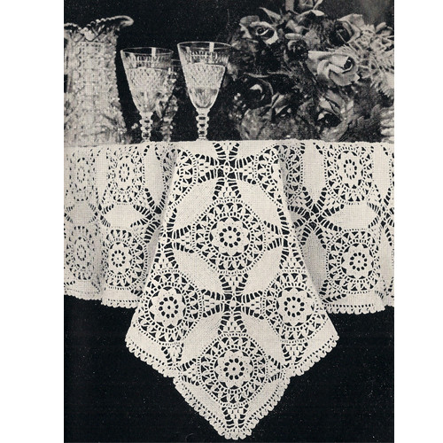 Crochet Cathedral Window Tablecloth, Vintage 1940s