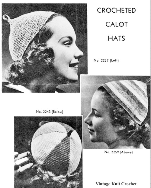 Three styles vintage crochet calot hat pattern