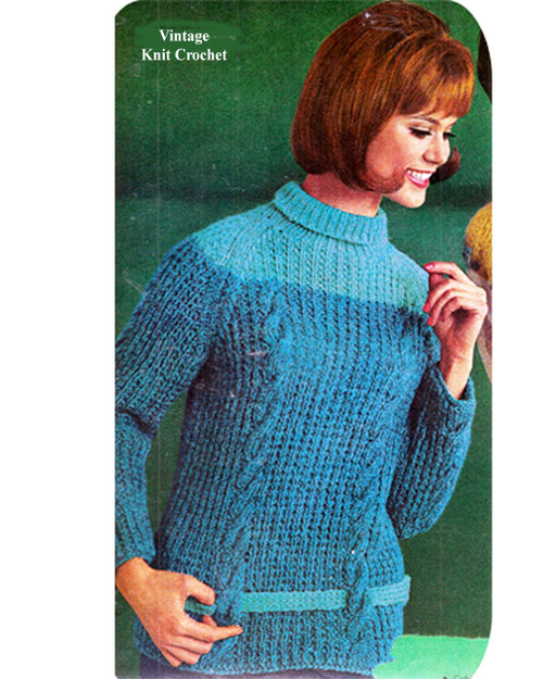 Knitted Cable Turtleneck Pullover Jumper Pattern, Vintage 1960s