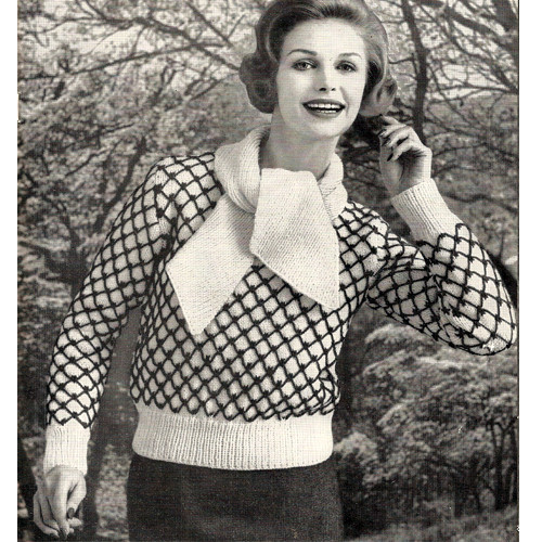 Diamond Knit Pullover Pattern with Contrast Bands, Vintage 1950s