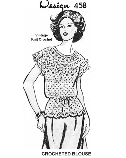 Crocheted Lace Blouse Pattern, Drawstring Waist Design 457