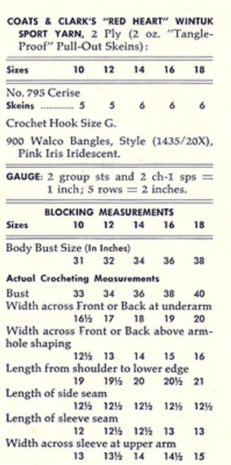 SIze material chart of crochet sweater