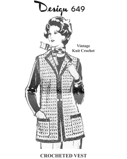 Womens Crocet Vest Pattern, Collar with patch pockets Design 649