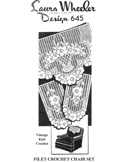 Vintage Filet Crochet Flower Basket Chair Set Pattern, laura wheeler Design 645