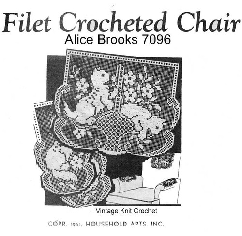 Filet Crochet Kittens in Basket Chair Set Design 7096