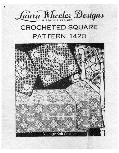 Filet Crochet Bedspread Pattern, Rose Squares, Laura Wheeler 1420