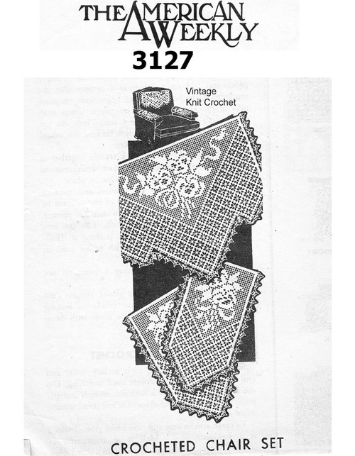Filet Crochet Chair Set, Pansy Spiderweb, American Weekly 3127