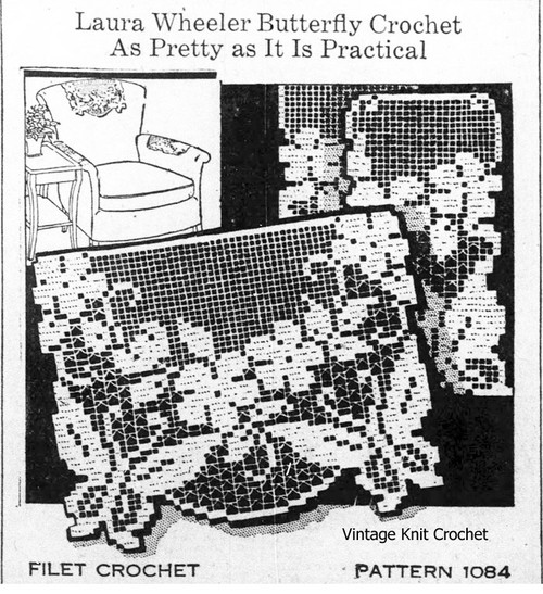 Filet Crochet Flowers Butterfly Chair Doily Pattern Set, Laura Wheeler 1084