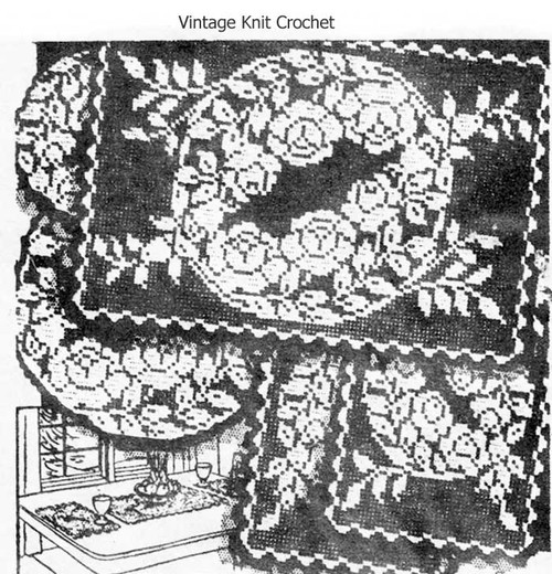Oblong Filet Crochet Rose Mats Runner Pattern No 6556