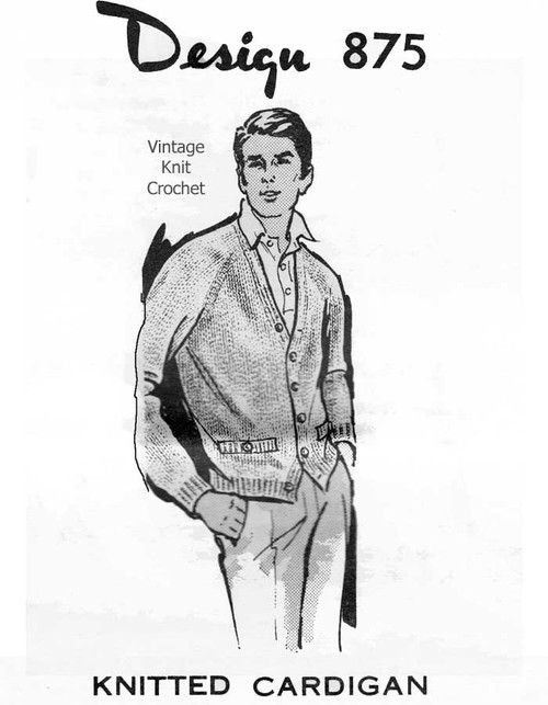 Knitted Mans Cardigan Pattern, Raglan Sleeve Design 875