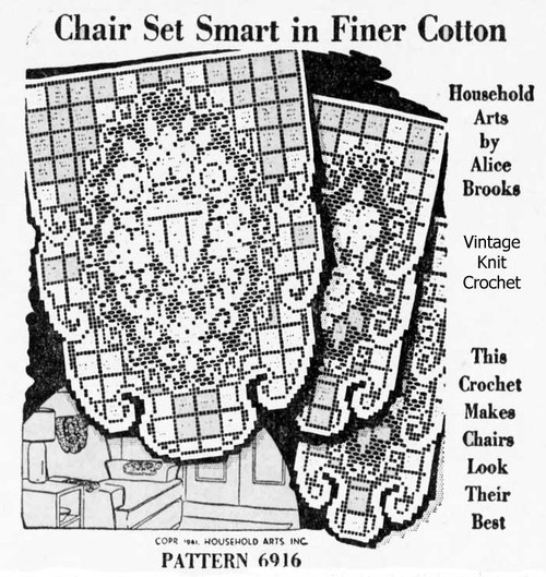 Vintage Filet Crochet Chair Doily Pattern Design 6916, Flower Urn