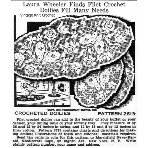 Laura Wheeler 2613, Filet Crochet Doilies Newspaper Advertisement