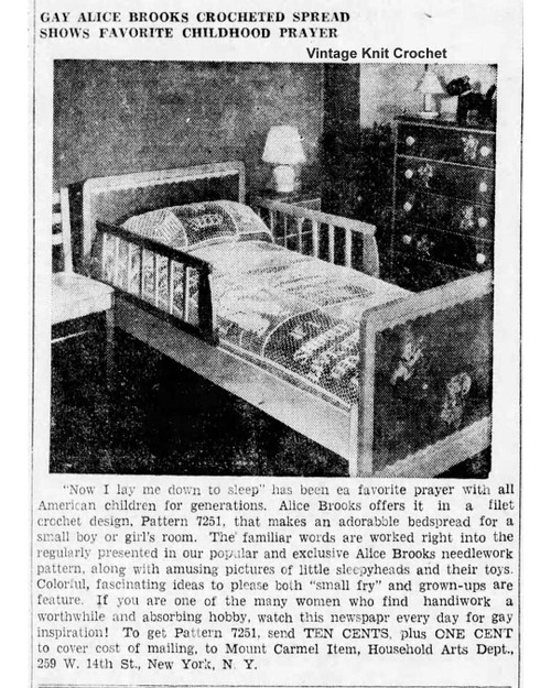 Alice Brooks 7251 Filet Crochet Baby Bedspread Pattern Newspaper Advertisement