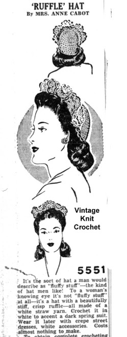 Anne Cabot 5551, Crochet Ruffle Hat Newspaper Advertisement