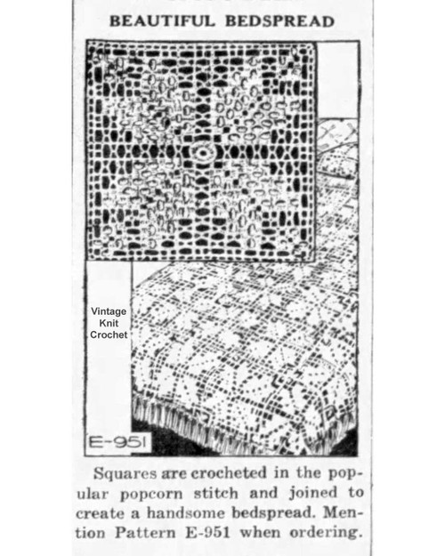 Popcorn Square Crochet Pattern Newspaper Advertisement for Design E-951.