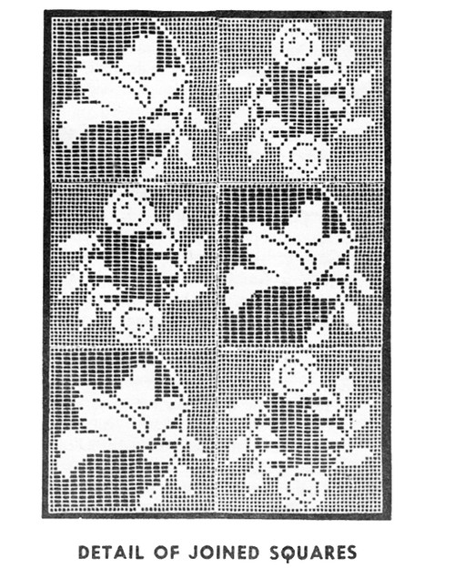 Vintage filet rose bluebirds squares pattern, tablecloth bedspread Design 7663