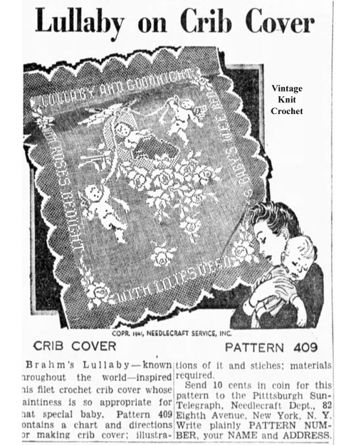 Mail Order Design 409, Filet Crochet Crib Cover Newspaper Advertisement 