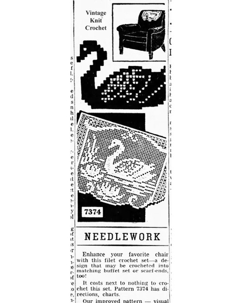 Mail Order Design 7374 Filet Crochet Swan Chair Set Newspaper Advertisement