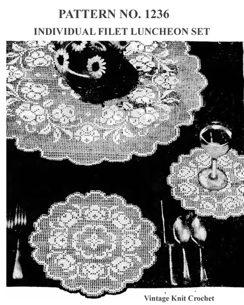 Filet Crochet Rose Doily Luncheon Set No 1236