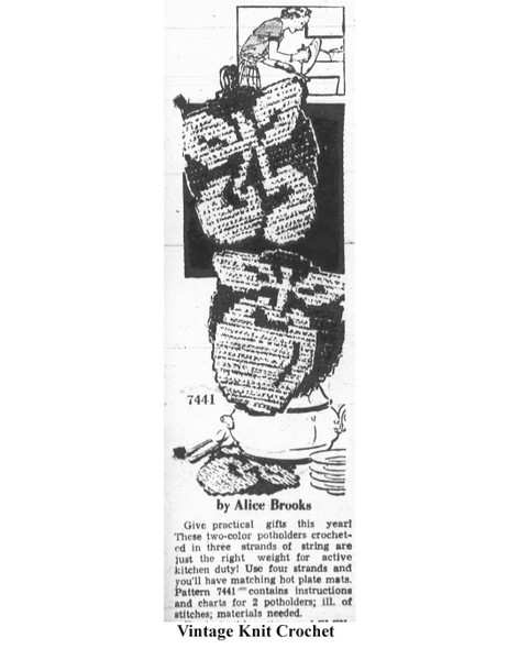 Mail order design 7441, Crocheted Potholders Newspaper Advertisement